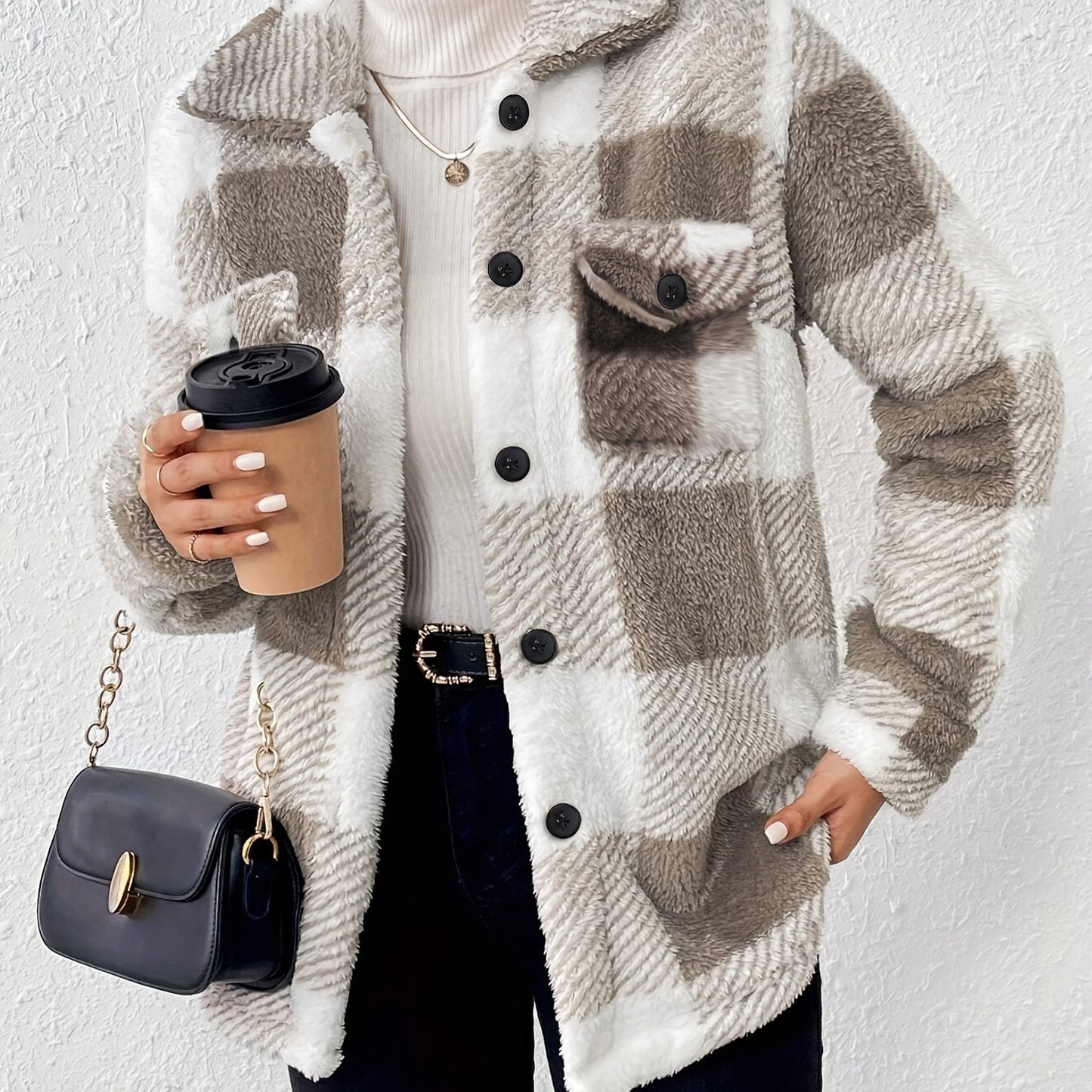 Plush Winter Jacket - & Checkered High Elasticity Coat, Machine Washable Middle Eastern-Inspired Collection for Fall & Winter