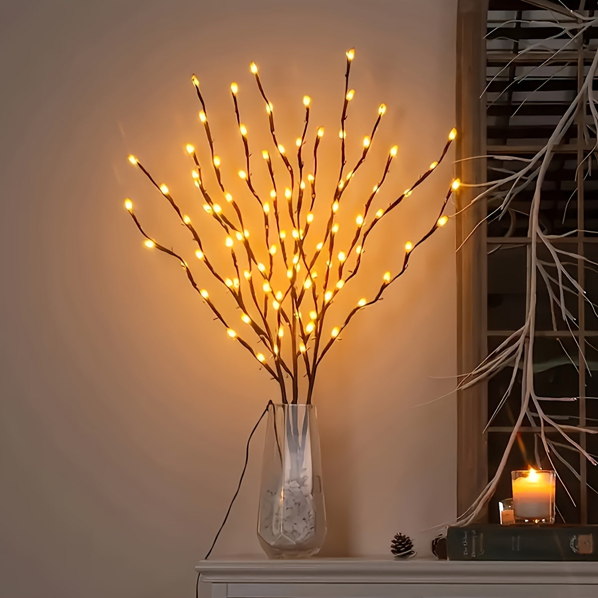 20 LED Battery-Powered Branch Lights, Indoor Decorative Lighting for Weddings, Restaurants, Parties, Birthdays, Christmas - Plastic Fairy Lights with Branch Design, ≤36V, Requires 2 AA Batteries (Not Included)