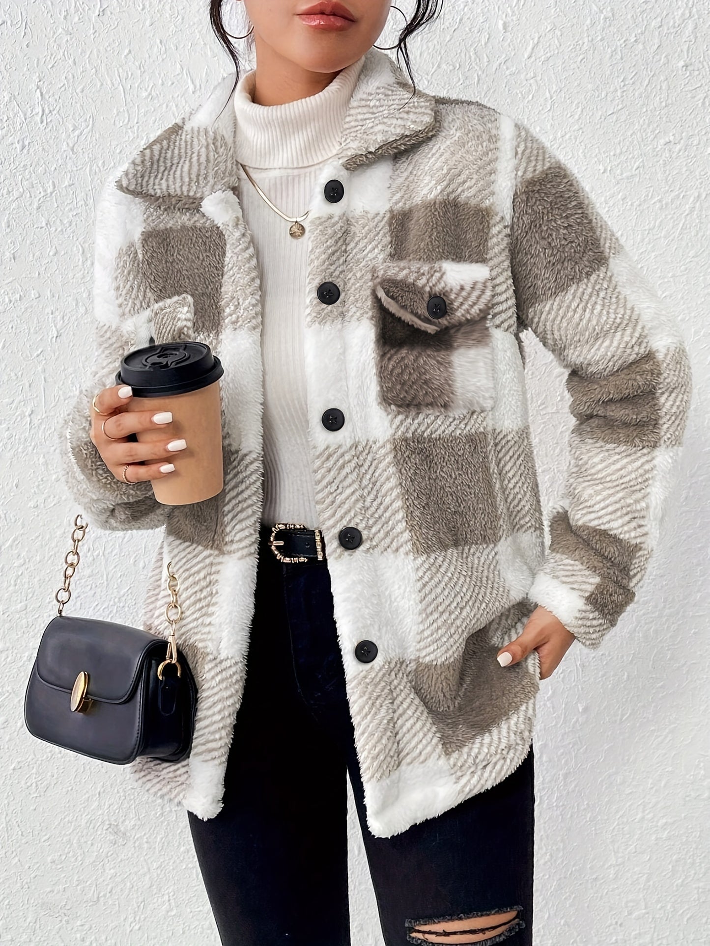 Plush Winter Jacket - & Checkered High Elasticity Coat, Machine Washable Middle Eastern-Inspired Collection for Fall & Winter
