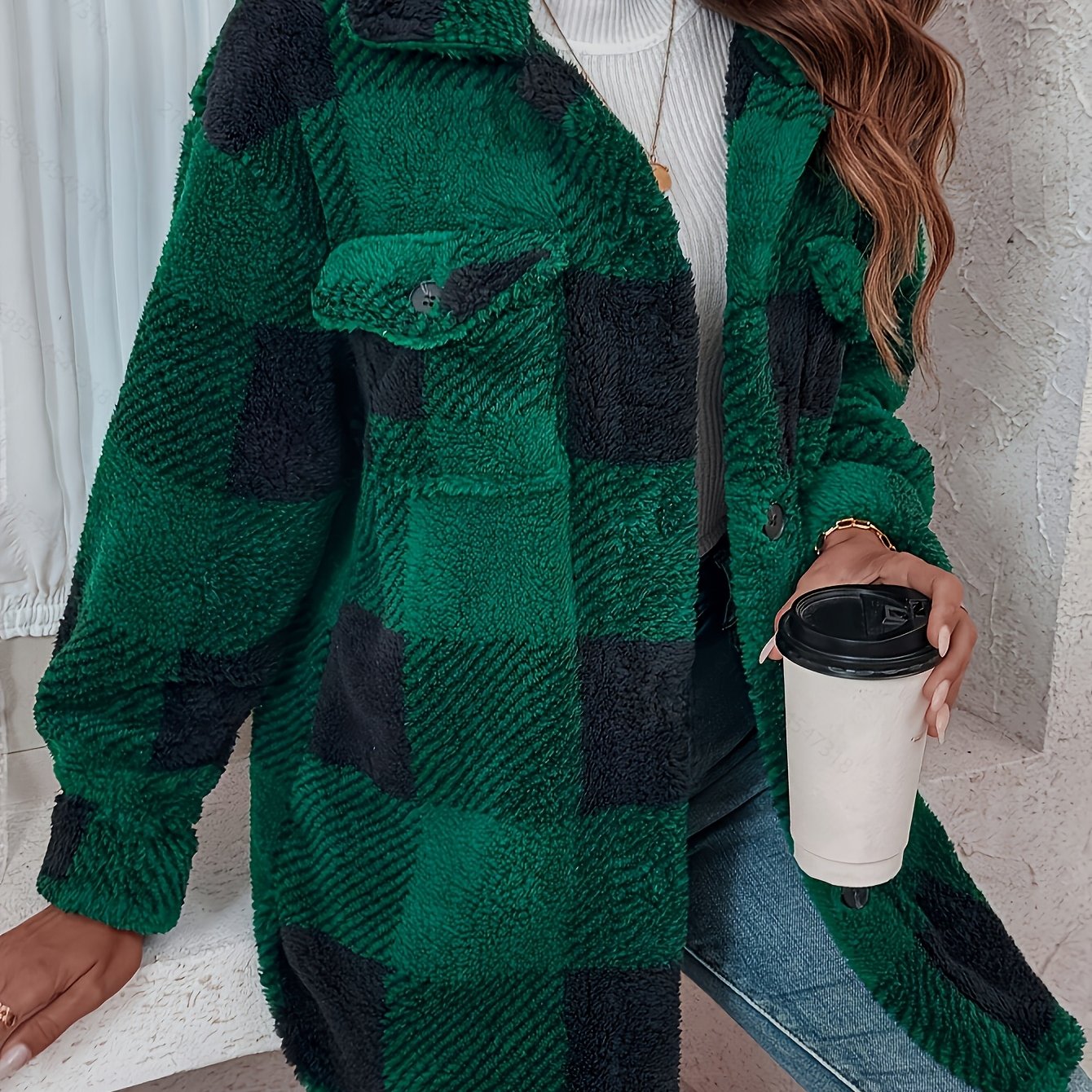 Plush Winter Jacket - & Checkered High Elasticity Coat, Machine Washable Middle Eastern-Inspired Collection for Fall & Winter