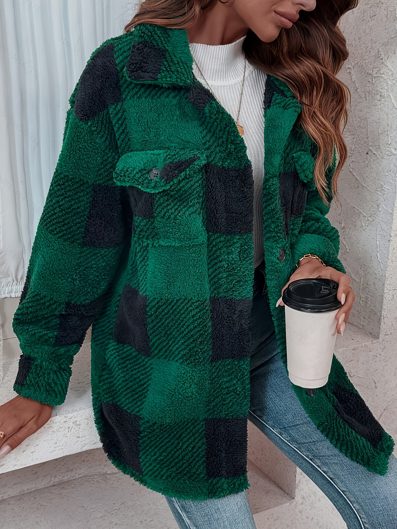 Plush Winter Jacket - & Checkered High Elasticity Coat, Machine Washable Middle Eastern-Inspired Collection for Fall & Winter