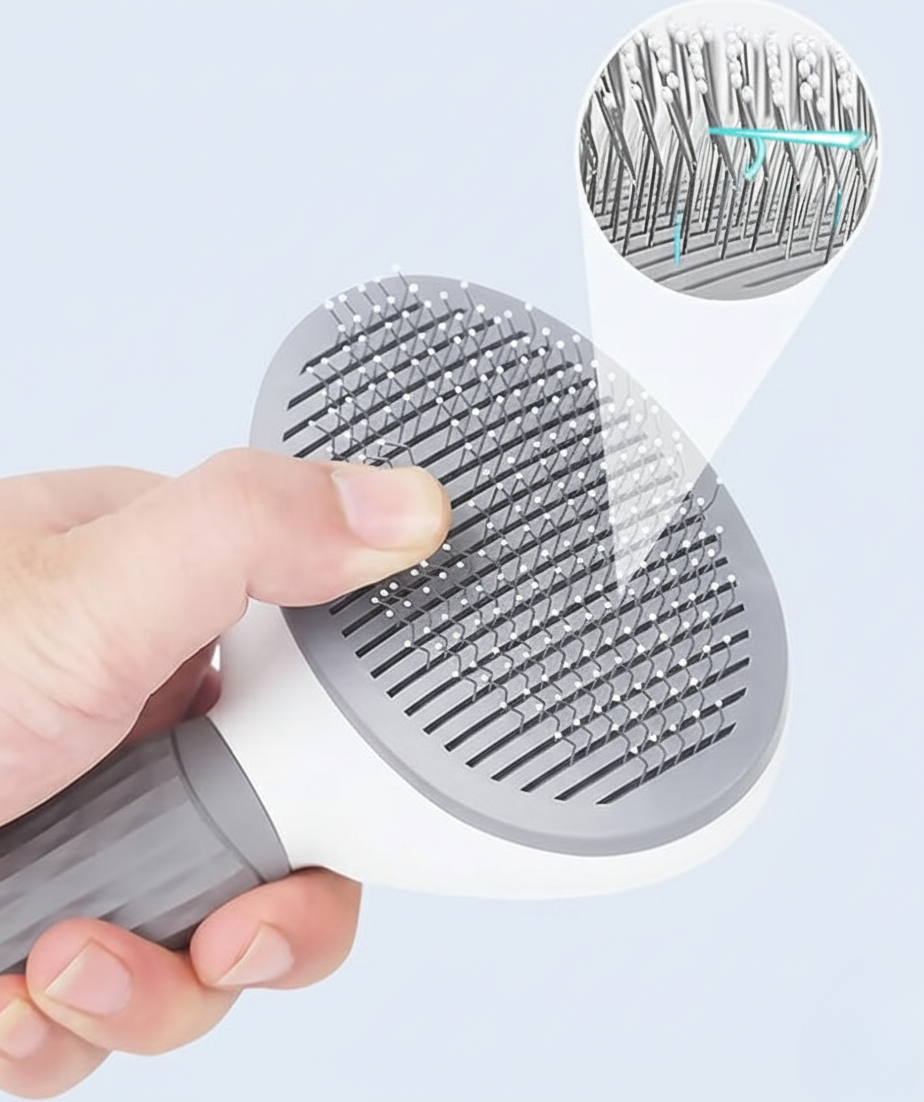 Hand holding a grooming brush with close-up inset showing bristle details on a light gray background