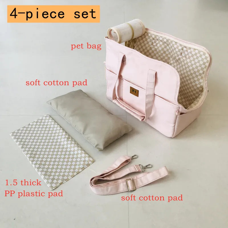 4-piece pet care set including a pink pet bag, soft cotton pad, and 1.5 thick PP plastic pad on a light gray background.