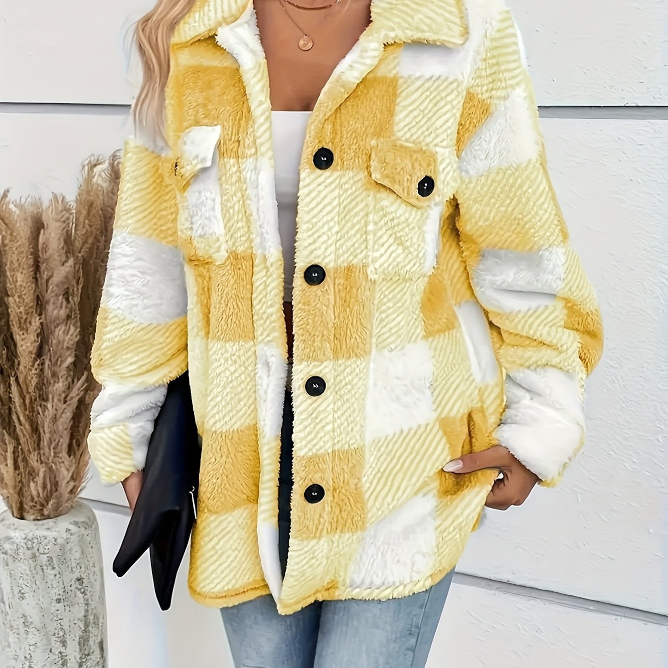 Plush Winter Jacket - & Checkered High Elasticity Coat, Machine Washable Middle Eastern-Inspired Collection for Fall & Winter
