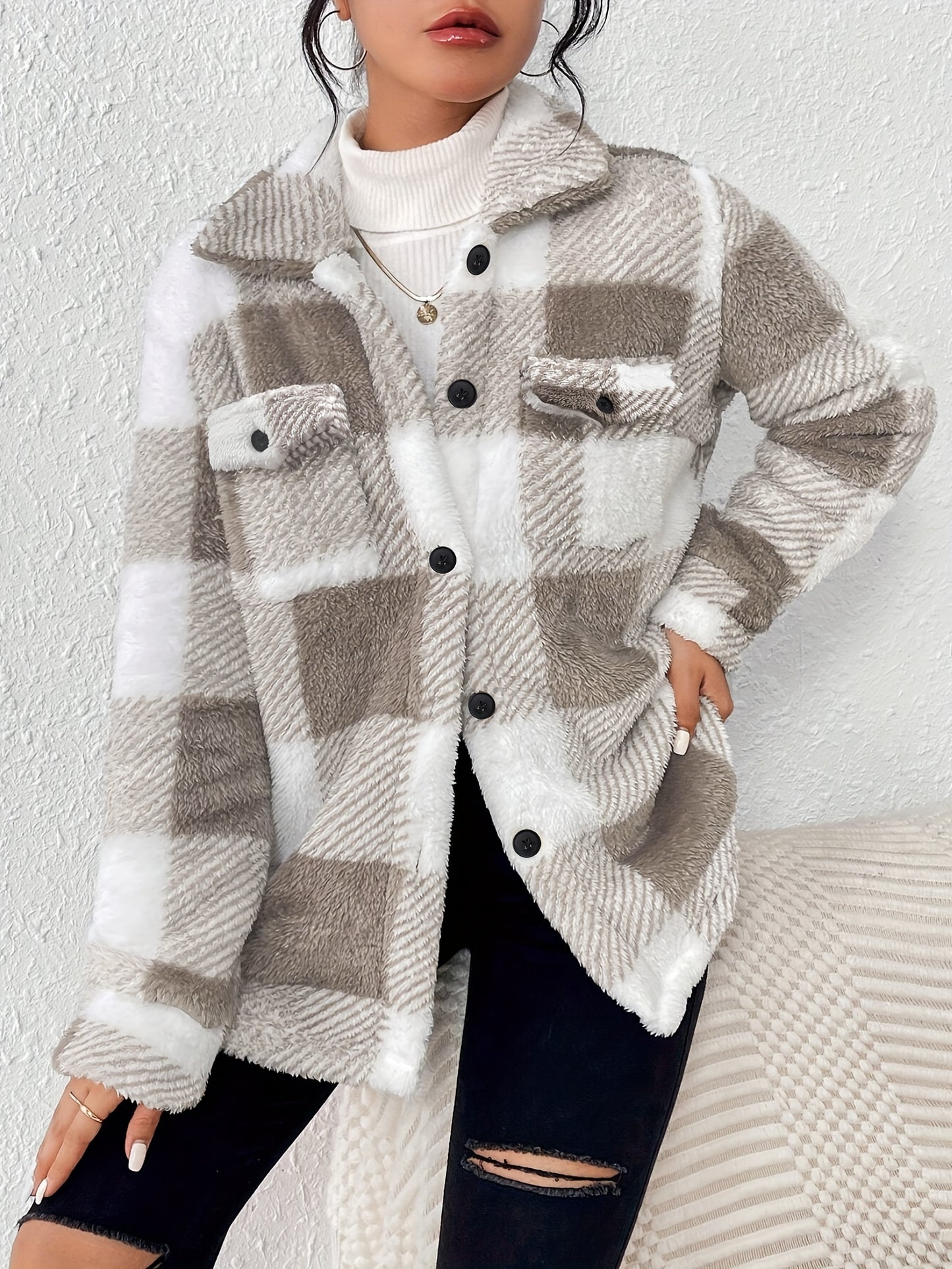 Plush Winter Jacket - & Checkered High Elasticity Coat, Machine Washable Middle Eastern-Inspired Collection for Fall & Winter