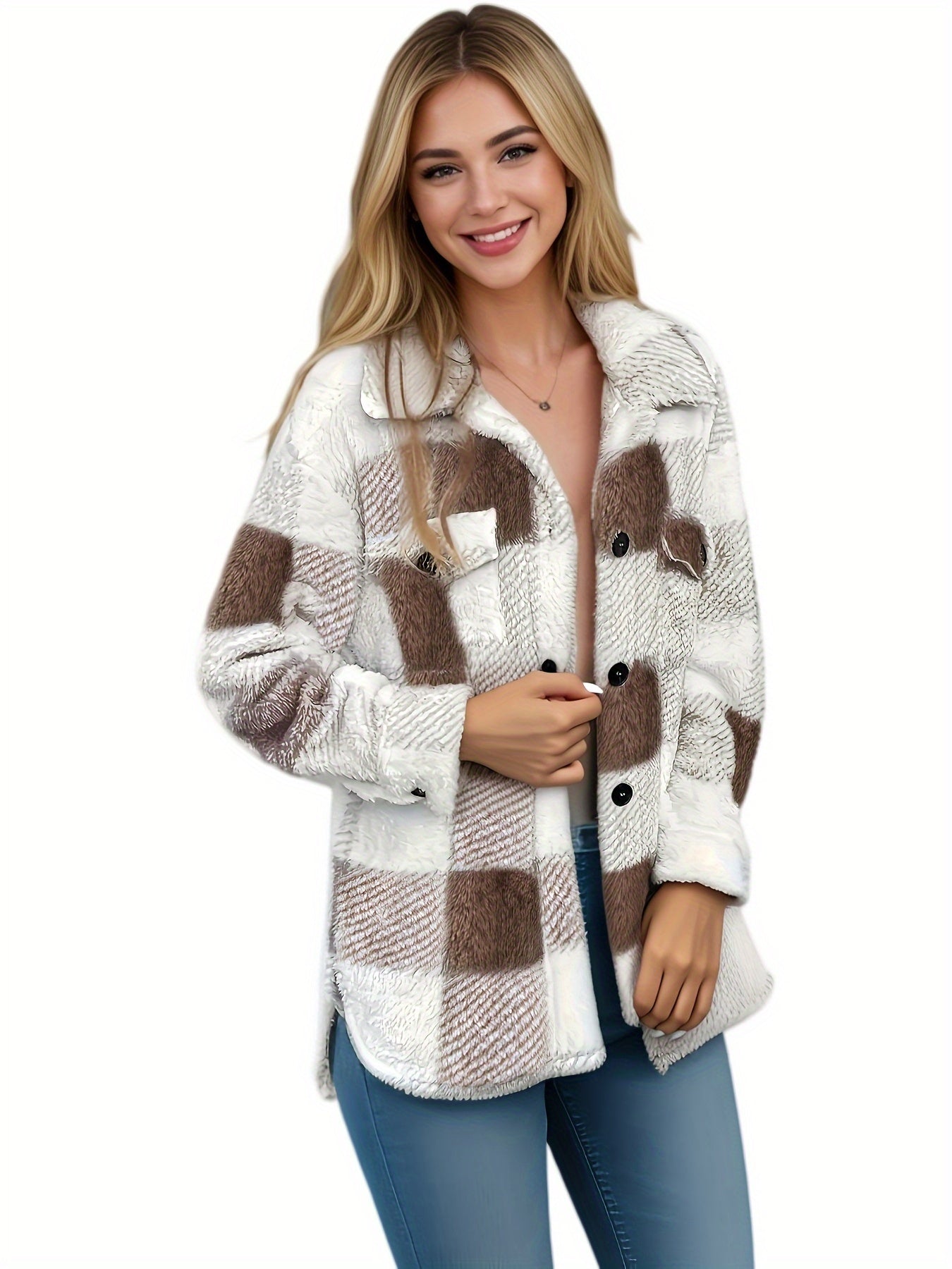 Plush Winter Jacket - & Checkered High Elasticity Coat, Machine Washable Middle Eastern-Inspired Collection for Fall & Winter