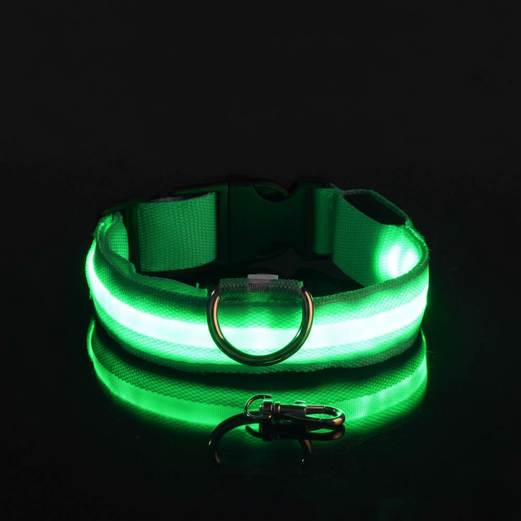 Green LED dog collar on a black background