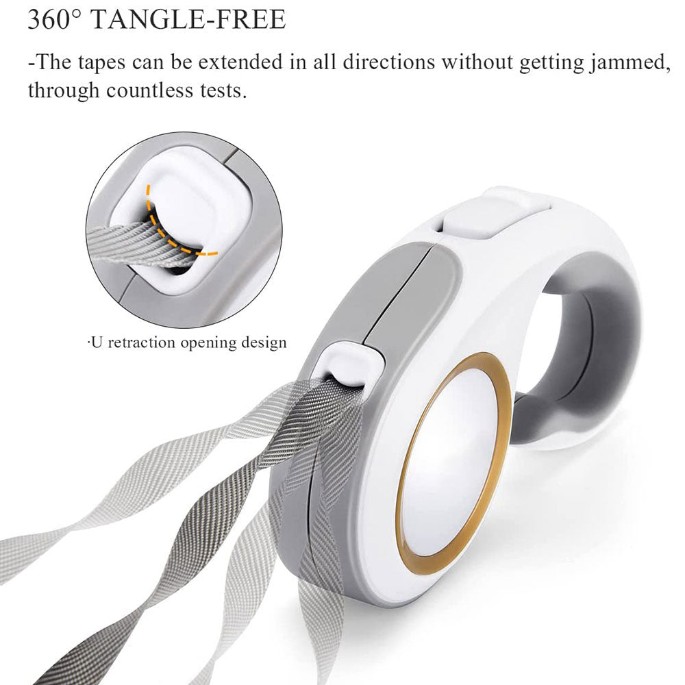 White tape dispenser with gray tapes on a white background, featuring text about tangle-free design.