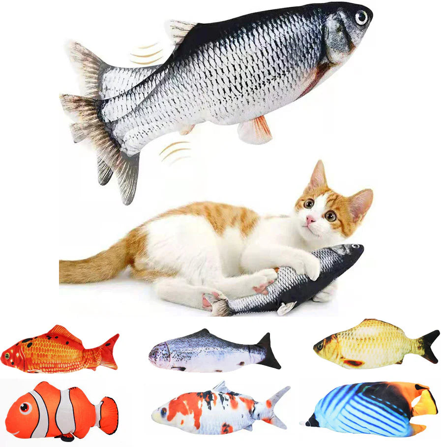 Cat playing with a fish-shaped toy on a white background