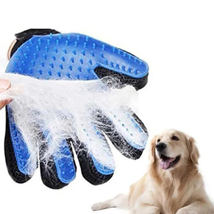 Glove with grooming surface on a white background, next to a dog.