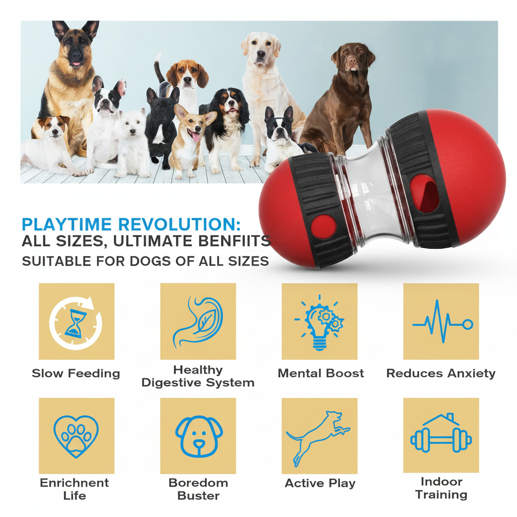 Dog toy with text highlighting benefits for dogs of all sizes, surrounded by images of various dogs.