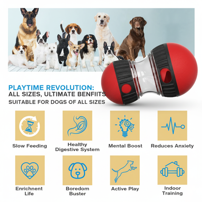 Dog toy with text highlighting benefits for dogs of all sizes, surrounded by images of various dogs.