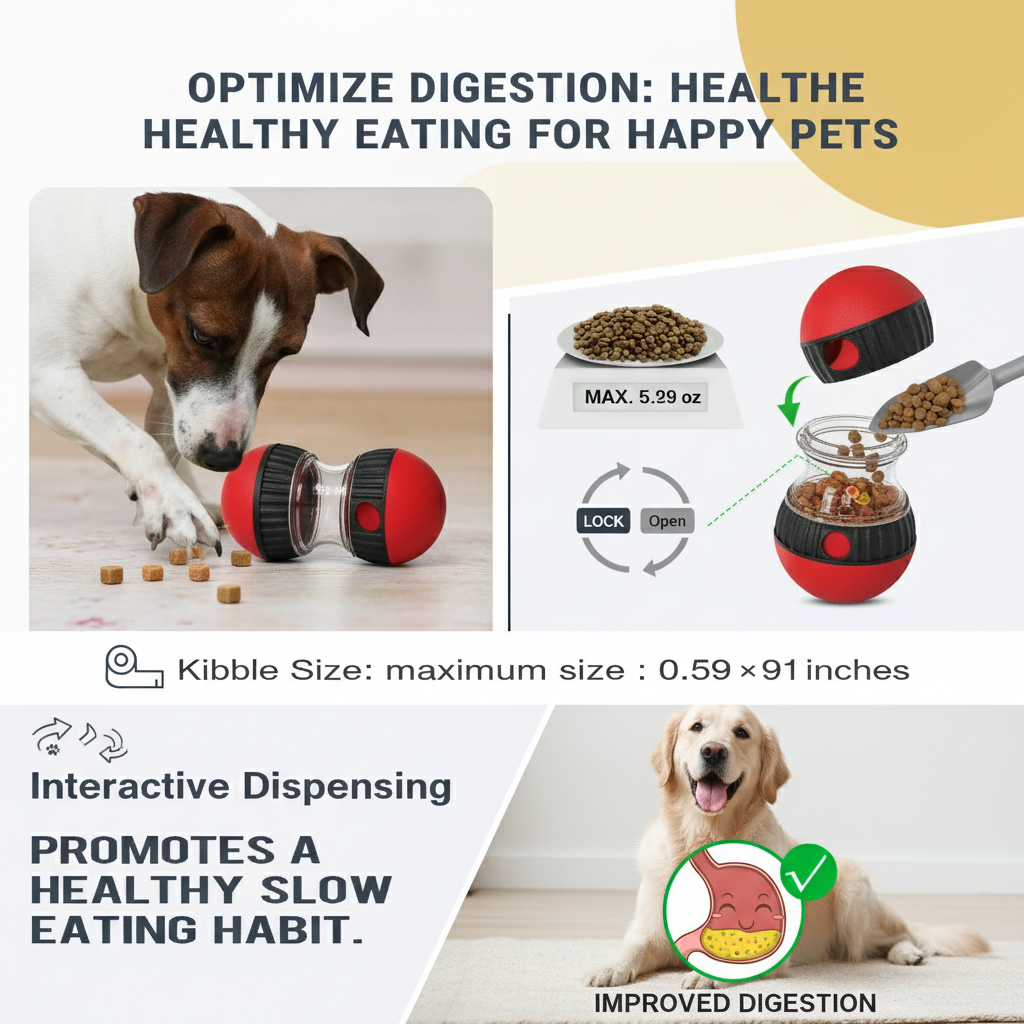 Dog interacting with a red and black pet toy, promoting healthy eating and digestion.