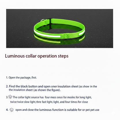 Green luminous collar on a black background with operation steps text.