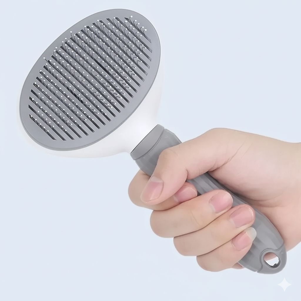 Hand holding a gray handheld showerhead against a light blue background