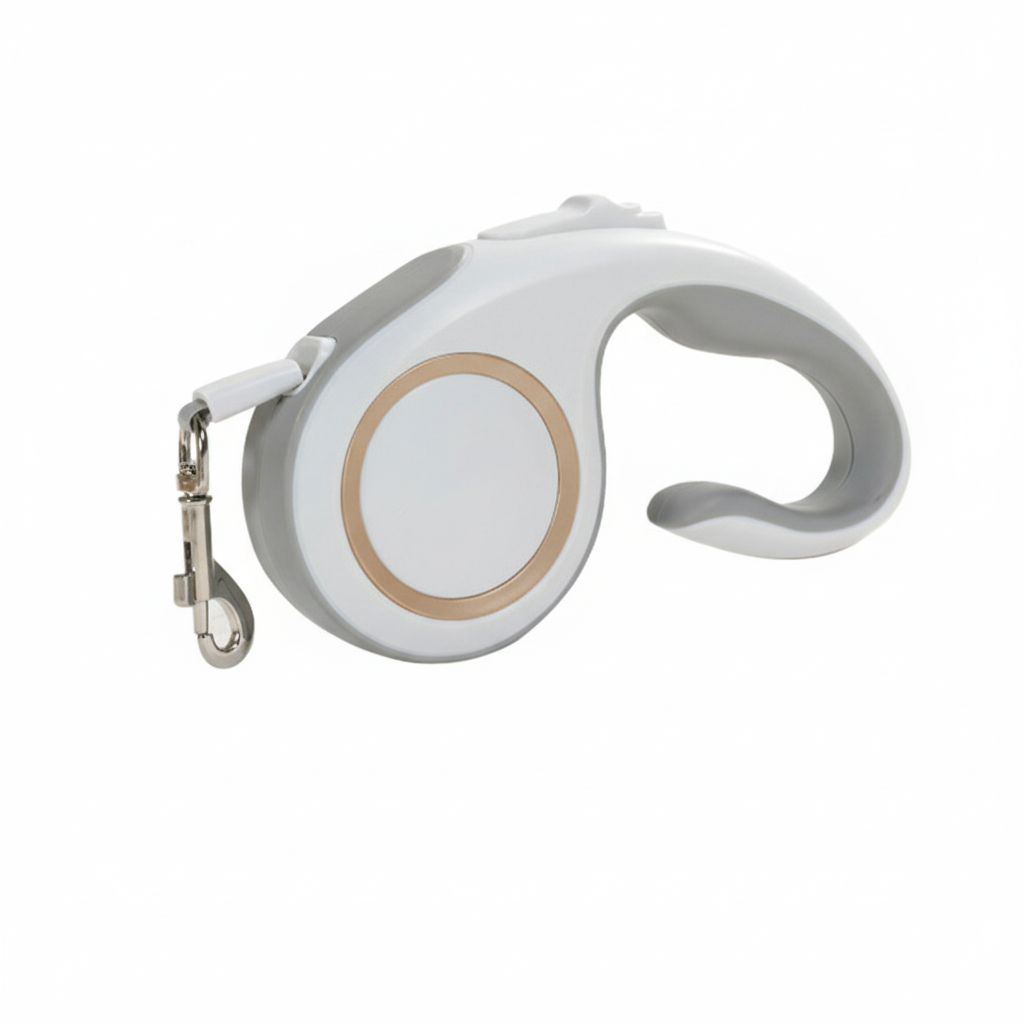 Retractable dog leash with white handle and beige accents on a white background