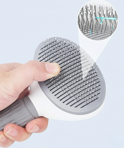 Hand holding a grooming brush with close-up inset showing bristle details on a light gray background