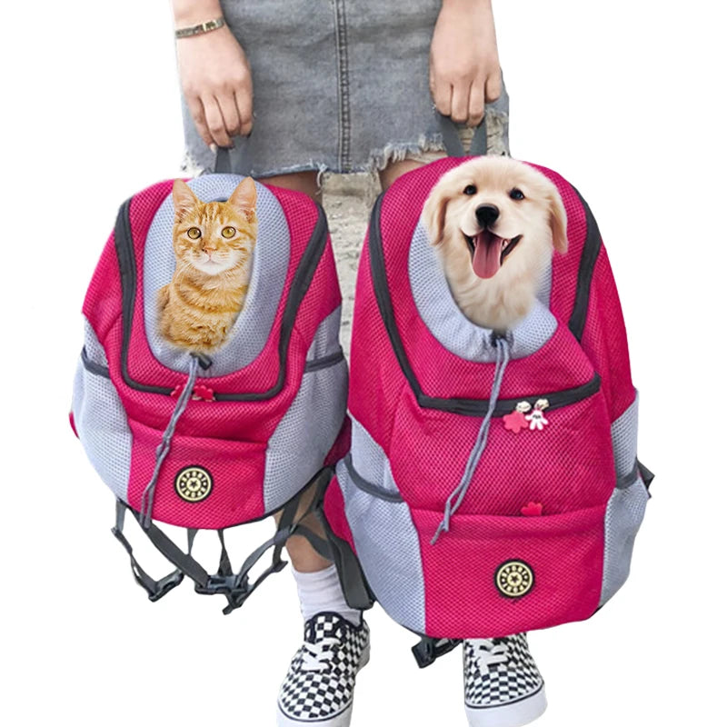 Two pink pet carriers with a cat and a dog, worn by a person.