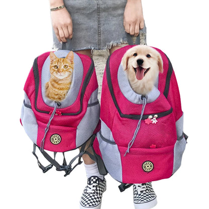 Two pink pet carriers with a cat and a dog, worn by a person.