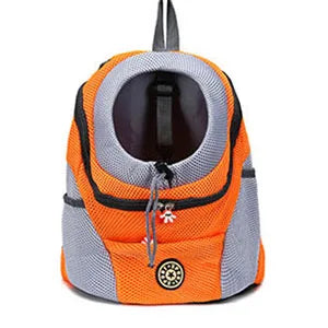 Orange and gray pet carrier backpack on a white background