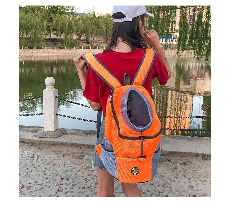 Person wearing an orange pet backpack by a lake