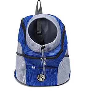 Blue and gray pet carrier backpack on a white background