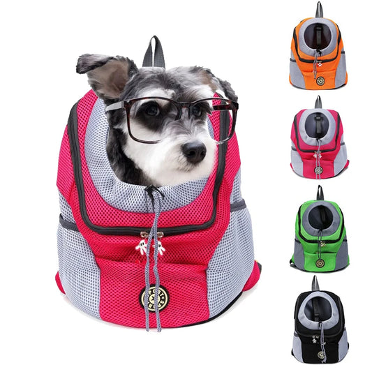 Dog wearing a pink and gray pet backpack with additional color options displayed.