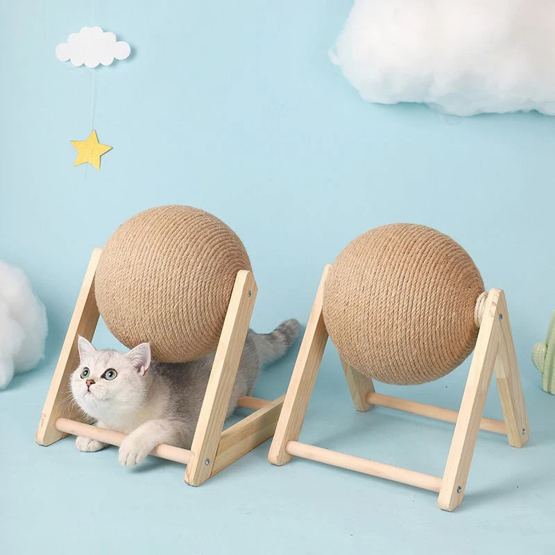 Two woven ball cat beds on wooden stands with a cat peeking out, against a light blue background.