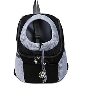 Pet backpack carrier with a black and gray design on a white background