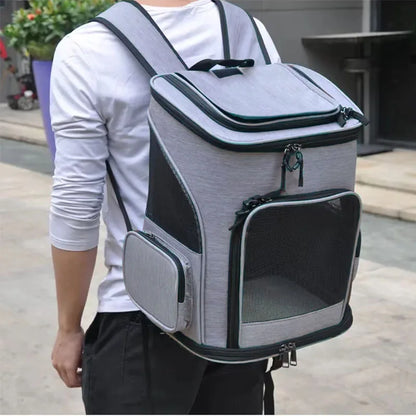 Person carrying a gray pet carrier backpack outdoors.