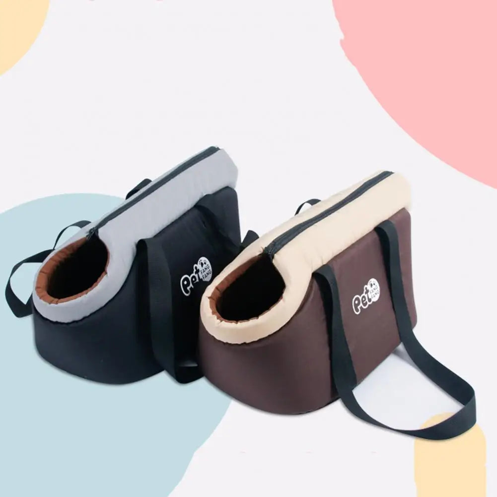 Two pet car seats, one black and one brown, on a colorful background.