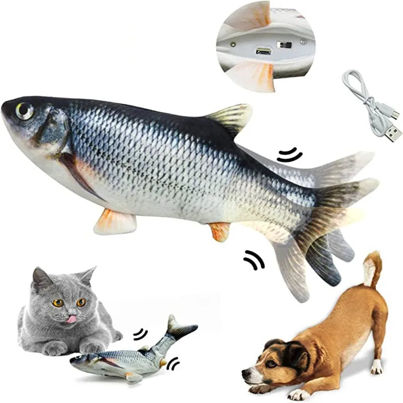Electric fish-shaped pet toy with USB cable, showing interaction with a cat and dog.