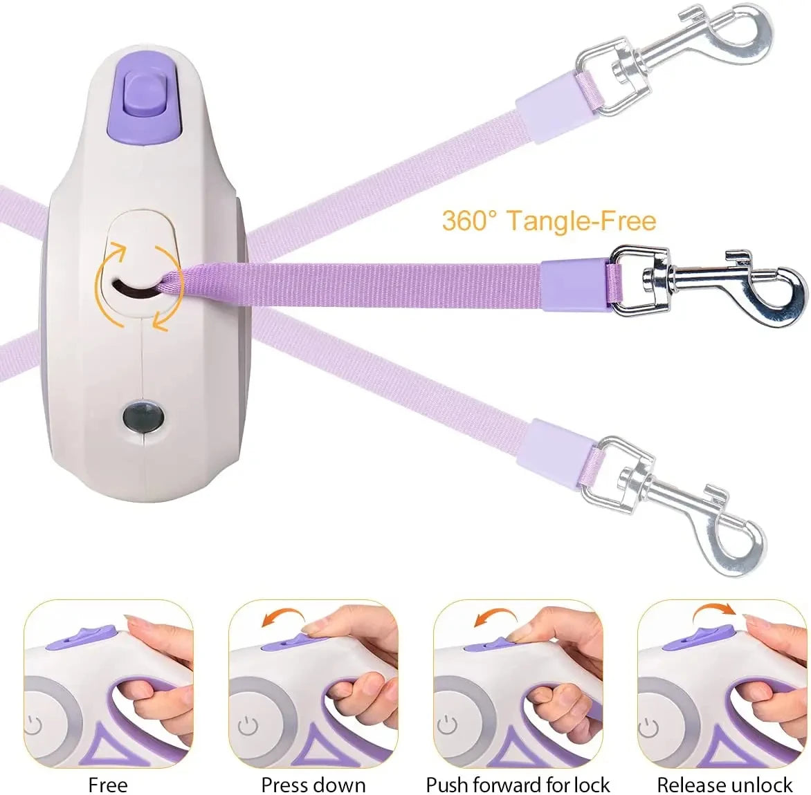 Retractable dog leash with tangle-free design and lock mechanism on a white background.