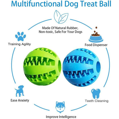 Multifunctional dog treat ball with green and blue colors, featuring text on its uses.