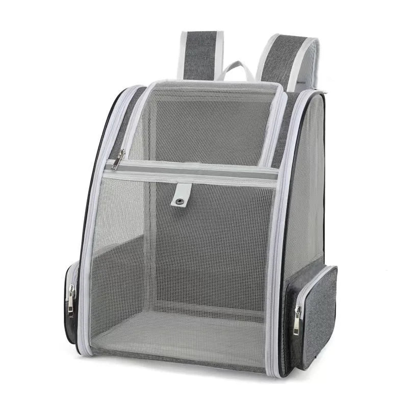 Gray pet carrier backpack with mesh sides on a white background