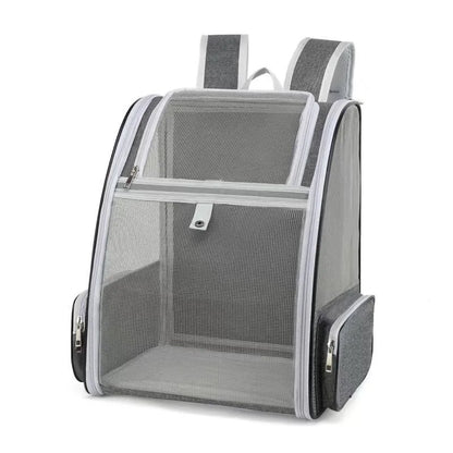 Gray pet carrier backpack with mesh sides on a white background