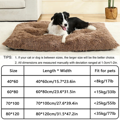Dog lying on a fluffy brown pet bed with size chart below