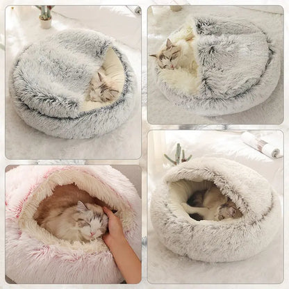 Collage of a fluffy pet bed with a cat inside, shown from multiple angles.