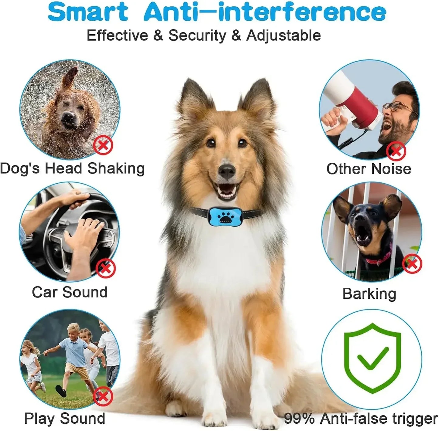 Dog wearing a collar with 'Smart Anti-interference' features displayed around it.