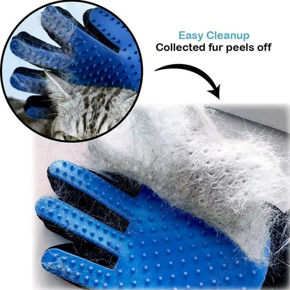 Blue pet grooming glove with collected fur and text 'Easy Cleanup Collected fur peels off'.