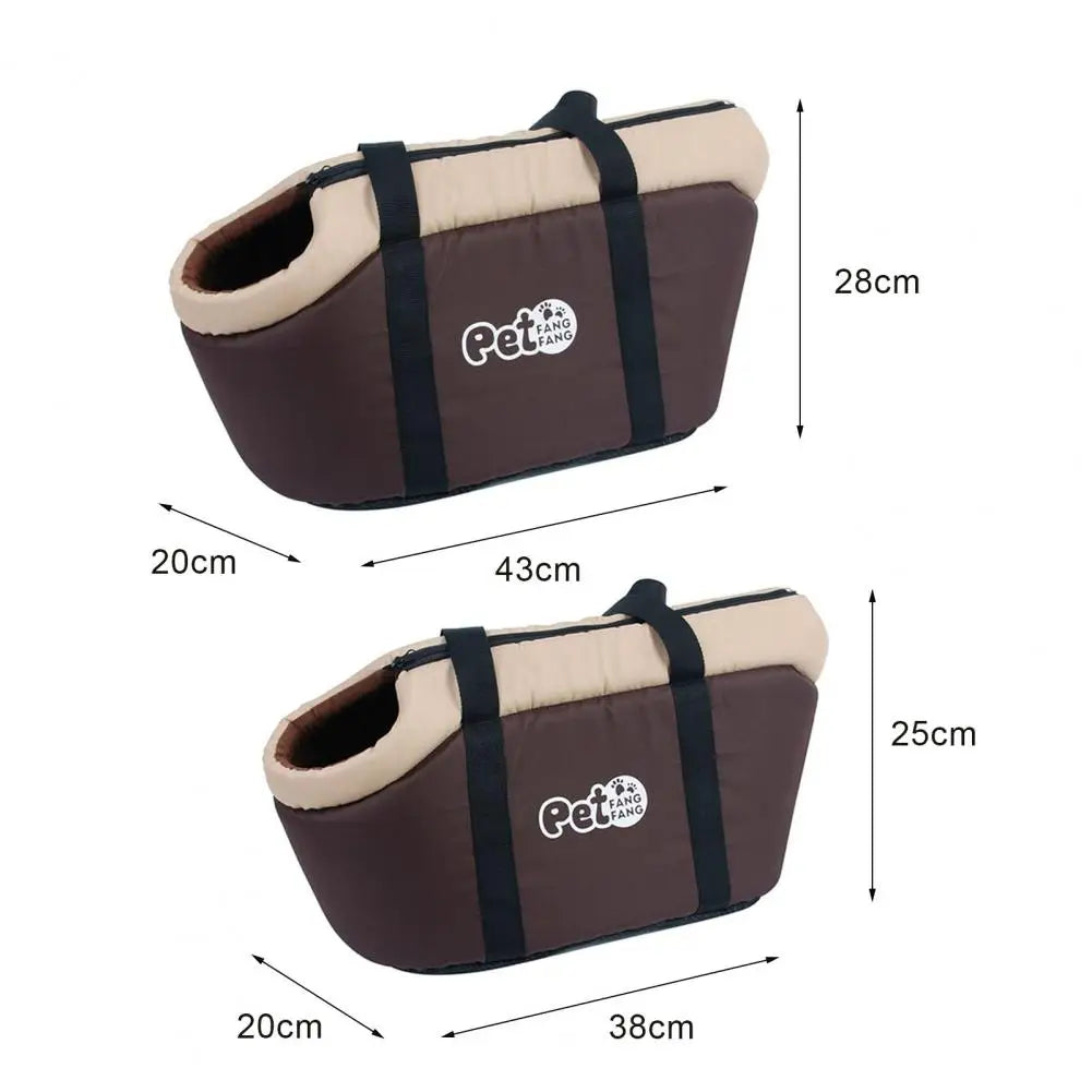 Brown pet carrier with dimensions labeled on a white background