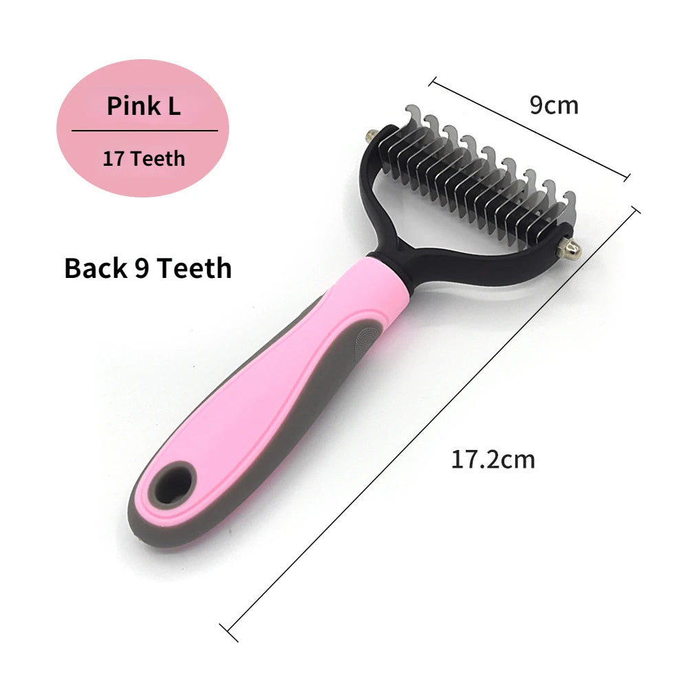 Pink pet grooming brush with measurements on a white background