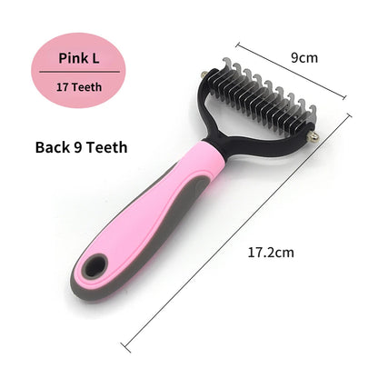 Pink pet grooming brush with measurements on a white background