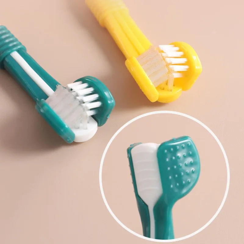 Two toothbrushes, one green and one yellow, on a beige background with a close-up of the green toothbrush.