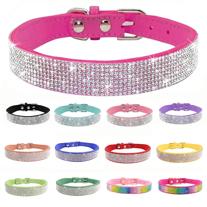 Collection of colorful rhinestone dog collars on a white background