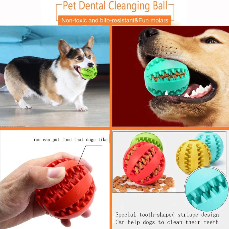 Pet dental cleaning ball with images of dogs playing with it and text highlighting its features.