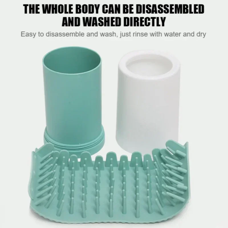 Teal and white dish scrubber with text about disassembly and washing.