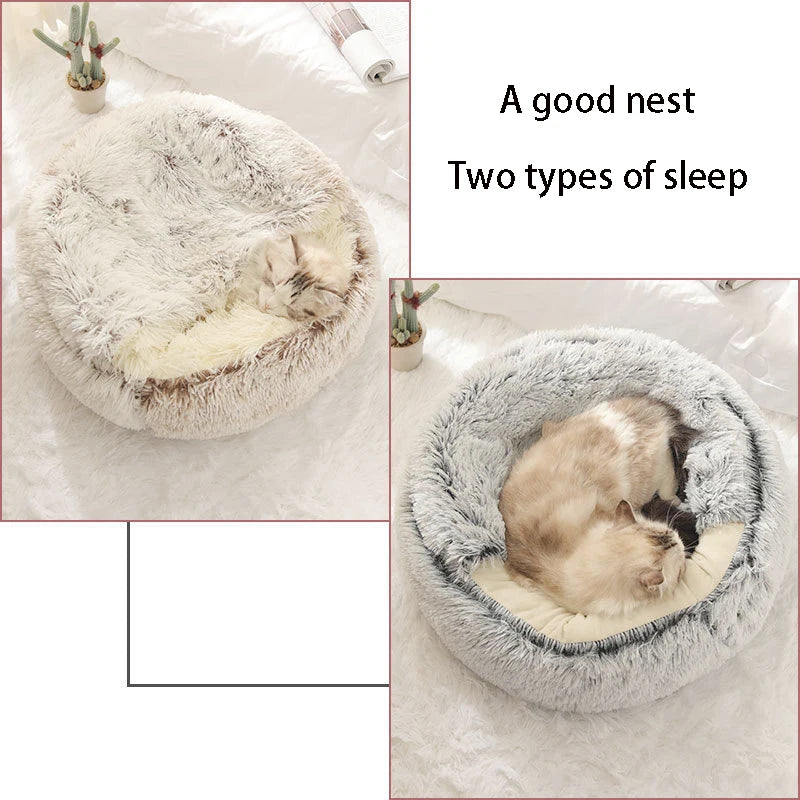 Two fluffy pet beds with cats inside, labeled 'A good nest Two types of sleep'.