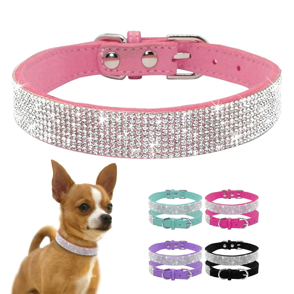 Pink dog collar with rhinestones, small dog model, and additional color options on a white background