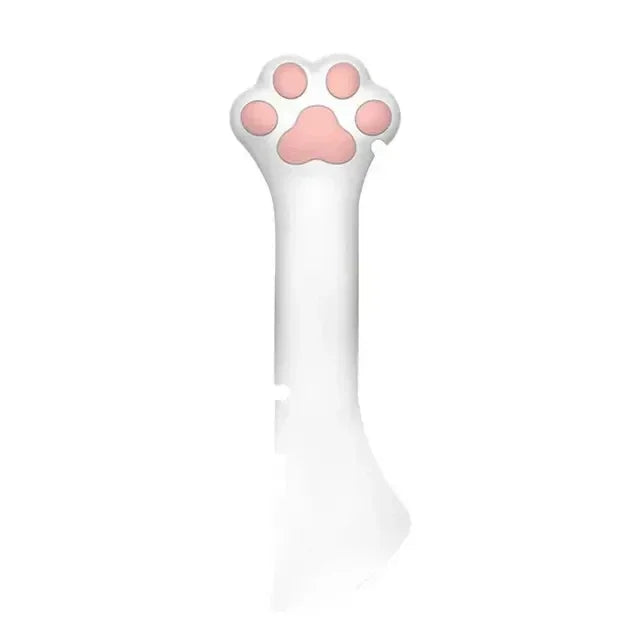 White toy shaped like a cat paw with pink pads on a white background
